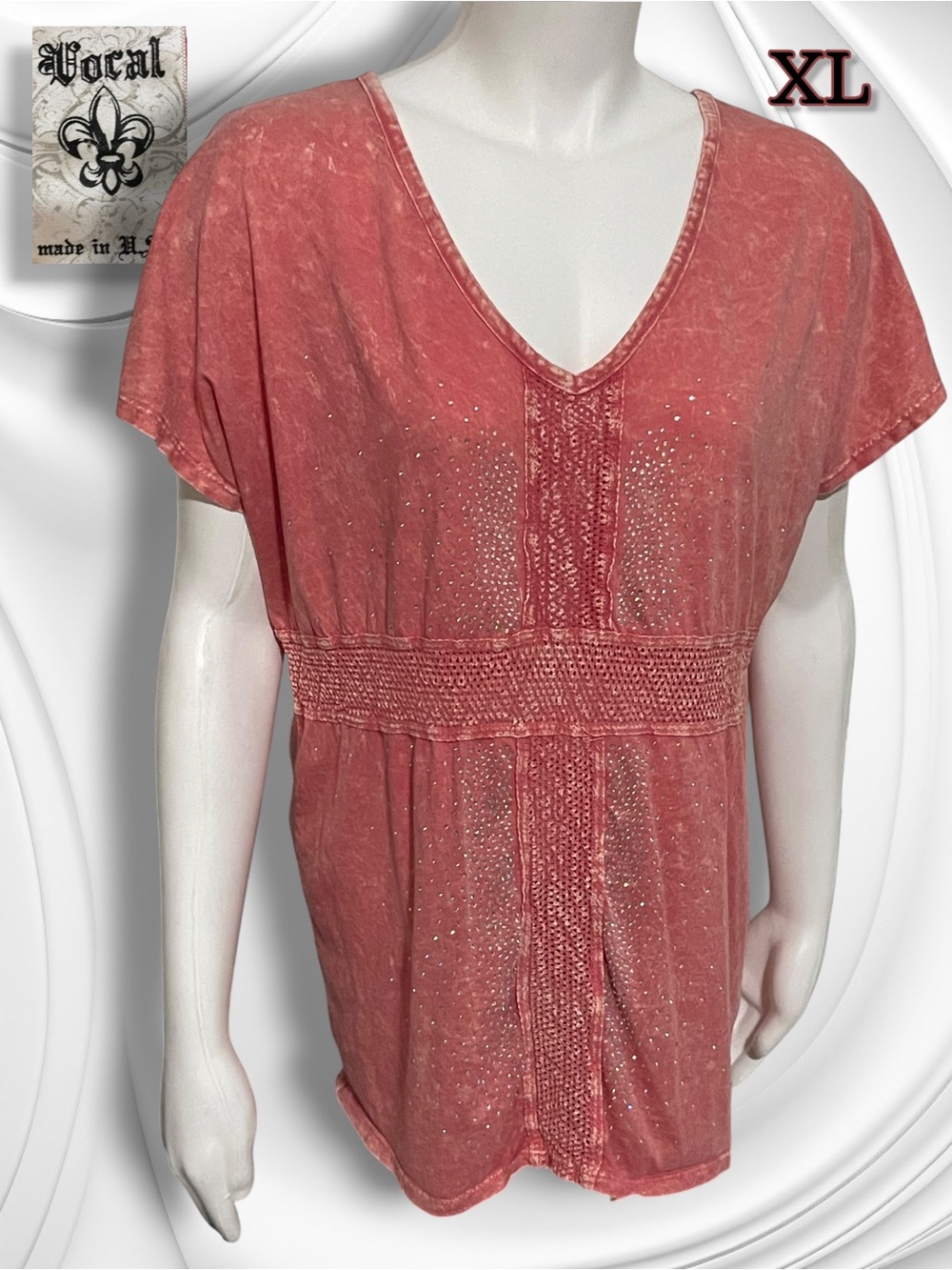 Vocal Acid Wash Studded Embellished V-Neck Top Coral Pink XL